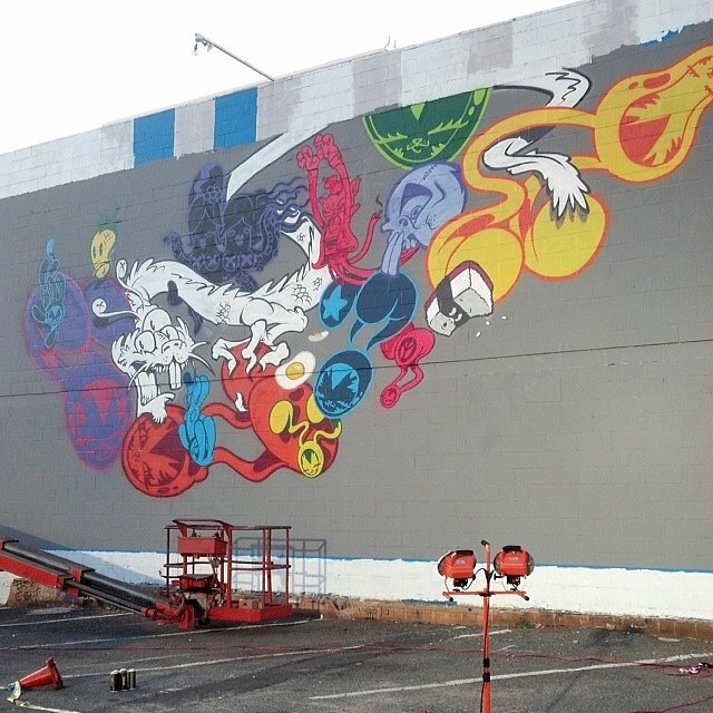 Day 3 Recap: New mural progress of @og_slick and @persue1. Photo by @djkaii. @rvca @montanacans @flexfit @hawaiianairlines