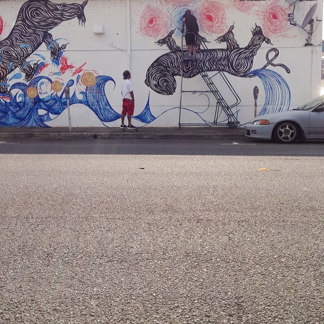 Day 3: New mural in progress by @aschoultz for #powwowhawaii. @rvca @montanacans @flexfit @hawaiianairlines