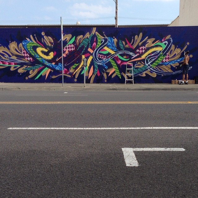 Day 4: New mural in progress by @apexer for #powwowhawaii. @rvca @montanacans @flexfit @hawaiianairlines
