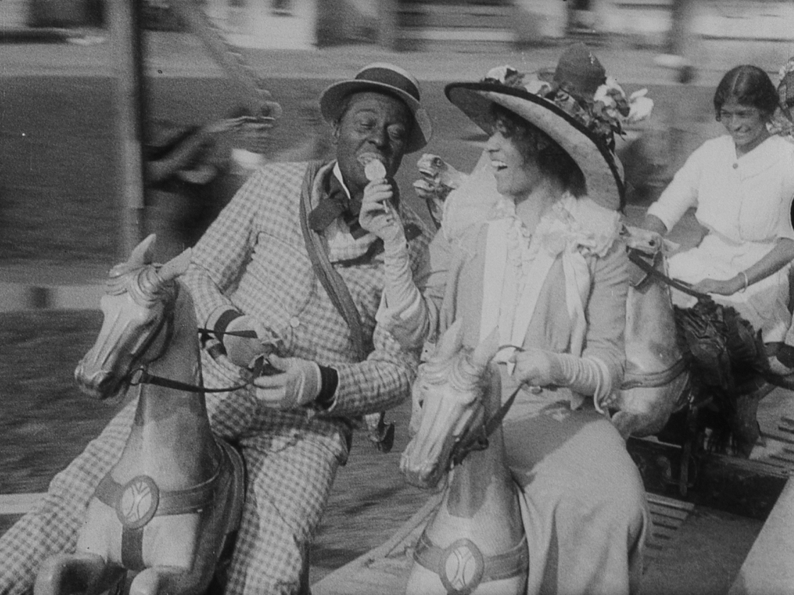 A scene from Bert Williams: Lime Kiln Field Day Project shows Odessa Warren Grey and Bert Williams in a light-hearted moment. The film is unusual for its time in that it shows dignified black characters as romantic le
